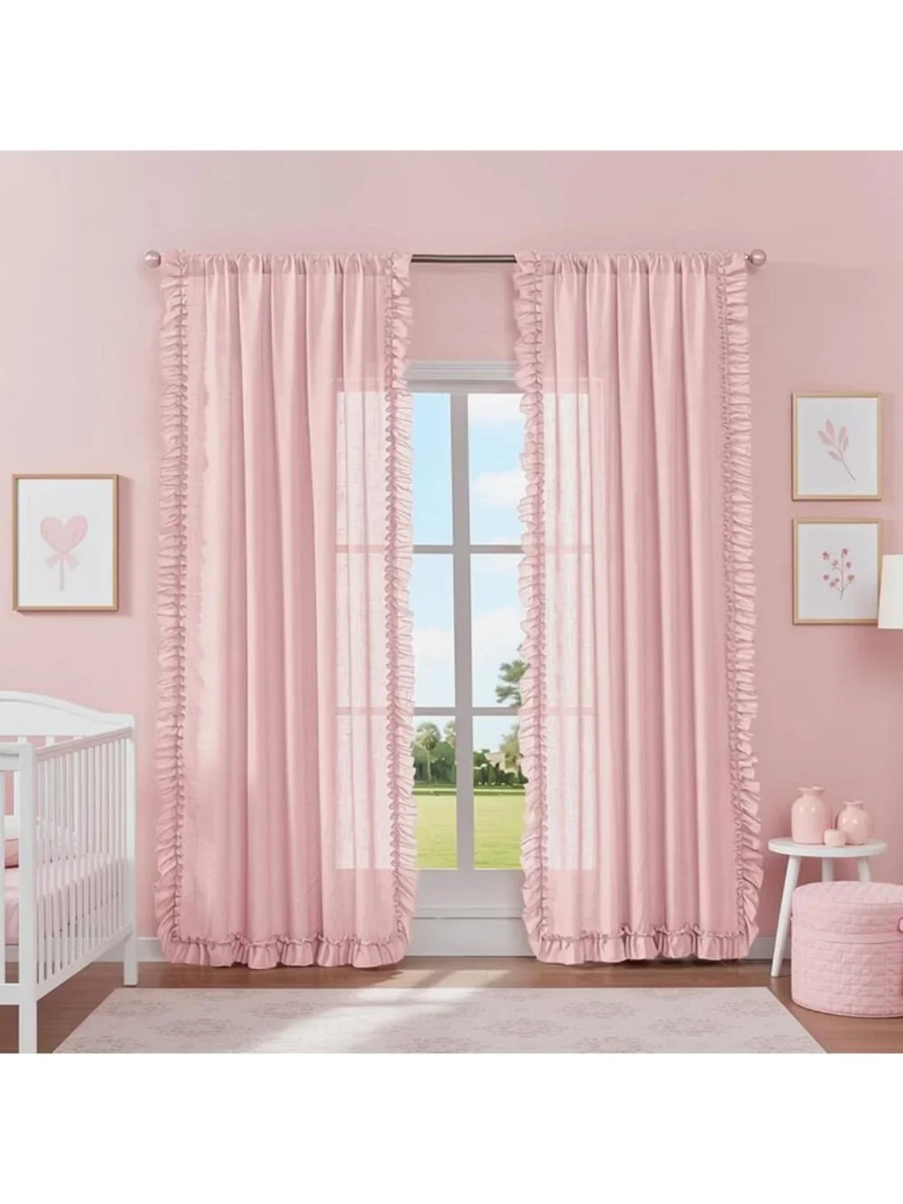 Blush Pink Ruffled Curtains, 47x84 Inch, 2 Panels, Rod Pocket, Farmhouse Decor